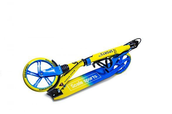 Детский двухколесный самокат Scale Sports SS-08 c ручным тормозом и передним амортизатором, Желто-голубой