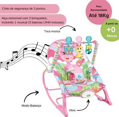 Детский шезлонг-качалка Tiibaby 68147 с мелодиями, вибрацией, дугой с игрушками, защитной сеткой, Розовый
